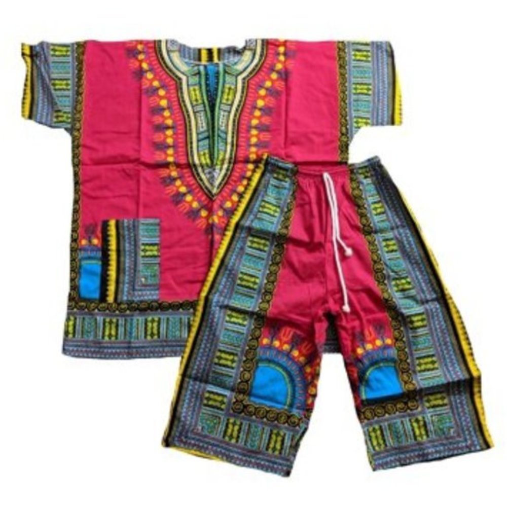 Unisex African Dashiki Shirt & Capri Pants‎ 2pc. Set Hot Pink and Blue One Size